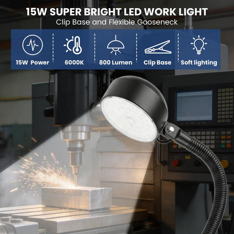 Ultimate 15W LED Clamp Light With Flexible Gooseneck illuminating a metal workbench with strong clip, 6000K daylight