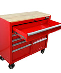 Red 9 Drawer Rolling Tool Cart With Wooden Top Ball Bearing Slides Heavy Duty Metal Cabinet On Wheels And Handle For Garage Workshop Storage Organization And Easy Access To Tools with open drawer, wood top, and casters.