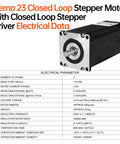 Front view of Nema 23 closed-loop stepper motor with integrated driver; black body, silver faceplate, 2-phase 3Nm torque.