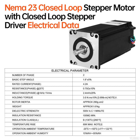 Front view of Nema 23 closed-loop stepper motor with integrated driver; black body, silver faceplate, 2-phase 3Nm torque.