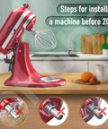 Red tilt-head mixer on counter with spring and washer installation steps; Two Pack 304 Stainless Steel Spring And Washer Replacement Kit For 3.5 To 7 Quart Tilt Head And Bowl Lift Mixers, Quick Install, Tough Hardware Keeps Your Mixer Secure And Running Smooth shown in detail.