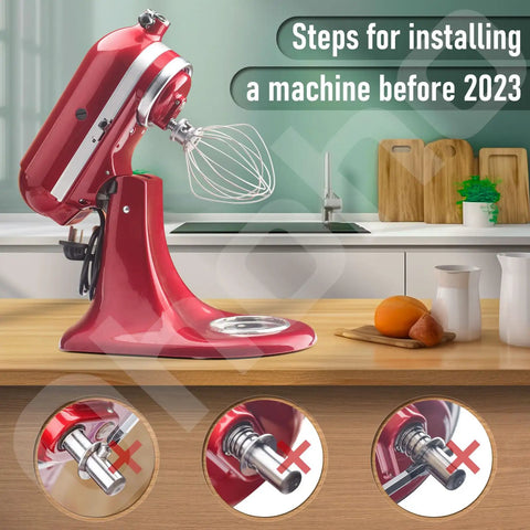 Red tilt-head mixer on counter with spring and washer installation steps; Two Pack 304 Stainless Steel Spring And Washer Replacement Kit For 3.5 To 7 Quart Tilt Head And Bowl Lift Mixers, Quick Install, Tough Hardware Keeps Your Mixer Secure And Running Smooth shown in detail.