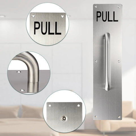 16 Inch Stainless Steel Door Handle Pull And Push Plate Kit With Screws Heavy Duty Gate Handle Bar For Home Office Warehouse Public Fits Wooden Or Composite Doors Brushed Silver, pull plate close-up