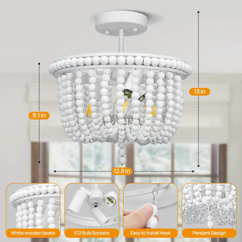 White Wood Bead Boho Chandelier Three Light Semi Flush Mount Ceiling Light For Nursery with dimensions and details