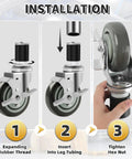 Installation process for 4 Inch Prep Table Caster Wheels Set Of 4 With Expanding Stem From One And A Half Inch To One And Five Eighths Inch Swivel Casters With Side Brake For Stainless Steel Tables Carts Furniture Legs Workbenches And Commercial Kitchen Appliances.