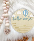5.9 Inch Wooden Hello World Birth Announcement Sign With Pen And Stand, Blue Balloon And White Cloud Nursery Decor For Newborn Arrival