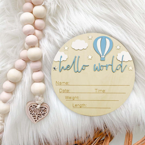 5.9 Inch Wooden Hello World Birth Announcement Sign With Pen And Stand, Blue Balloon And White Cloud Nursery Decor For Newborn Arrival