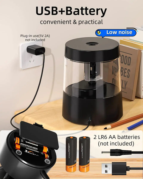 Must Have Electric Pencil Sharpener for Home and School Powered by USB or AA Batteries, Adjustable 6 to 8 Mm Blades, Sleek Black, Fast Sharpening, Mess Reducing, Portable and Easy to Use for Kids and Adults, USB+Battery