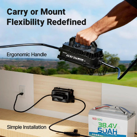 Heavy Duty 36V 50Ah LiFePO4 Lithium Battery Bundle With 43.8V 25A Top Shelf Plug And Play Charger shown with ergonomic handle and installation setup.