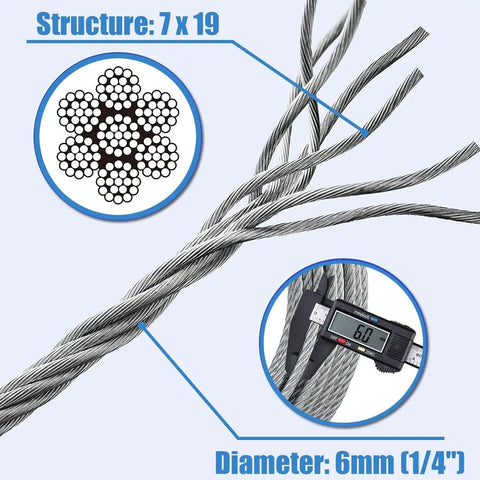 Galvanized Steel Zipline Cable Six Millimeter Diameter Heavy Duty Wire Rope For Backyard Zipline Dog Run Boat Dock And Clothesline 6400 Pound Breaking Strength One Hundred Meter Length with 7x19 strand construction visual