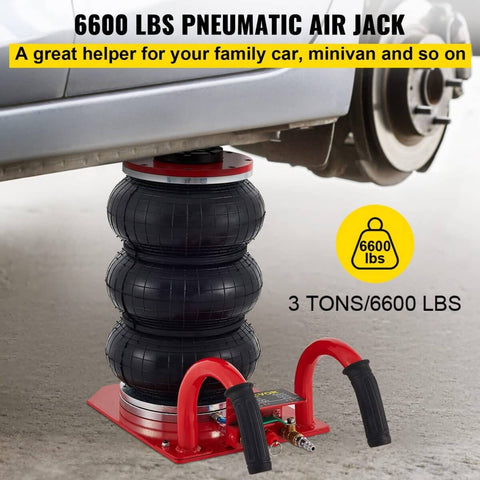 3 Ton Triple Bag Air Jack For Cars, Fast 5 Second Lift, 6600 Lbs Capacity, Heavy Duty Pneumatic Car Lift With Short Handle, Red