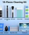 10 In 1 Pro Grade Camera Lens Cleaning Kit with air blower, lens cleaner pen, soft brush, swabs, wipes, microfiber cloth, storage case.