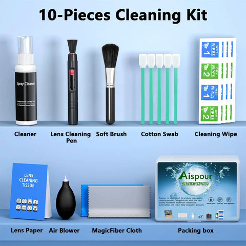 10 In 1 Pro Grade Camera Lens Cleaning Kit with air blower, lens cleaner pen, soft brush, swabs, wipes, microfiber cloth, storage case.