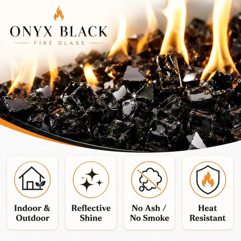 Onyx Black Fire Glass Rocks Half Inch High Luster Reflective Tempered Glass for Fire Pits and Fireplaces Indoors or Outdoors
