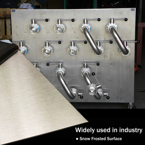 Front view of CKVIHAV 304 stainless steel sheet 8x12x1/16 in (16 ga) with snow-frosted finish beside an industrial valve panel.