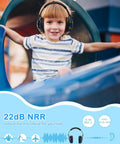 Child wearing Kids Noise Canceling Ear Muffs For Autism Sensory Relief, playing on playground. NRR 22 dB, metal-free design.
