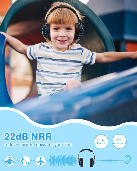 Child wearing Kids Noise Canceling Ear Muffs For Autism Sensory Relief, playing on playground. NRR 22 dB, metal-free design.