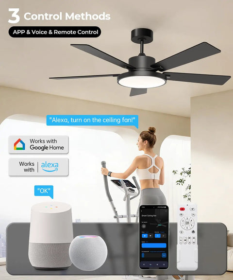 Smart 52 Inch Rgb Cw Led Ceiling Fan With Remote App Voice Control Hella Quiet Dc Motor Energy Saving Breezy Airflow Modern Living Room Bedroom Lighting In Black with app and voice control features.