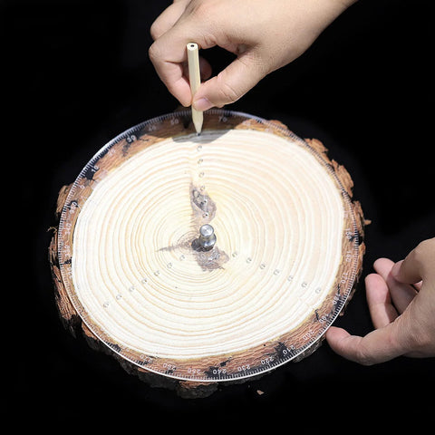 Front view of 200mm round center finder compass in clear acrylic with stainless steel needle and pencil for wood turning