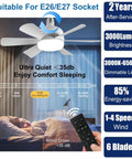 Front view of 2 Pack Socket Fan Light With Remote, 18 Inch Low Profile Ceiling Fan Light Kit in room, showing dimmable LED