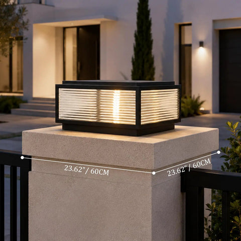 Level Up Your Curb Game With This Badass Outdoor Porch Lamp Post Light Featuring A Large Black Gate Column Pillar Design Built Tough For Weatherproof Pathway Vibes Classic Carriage Styling on a stone pedestal.