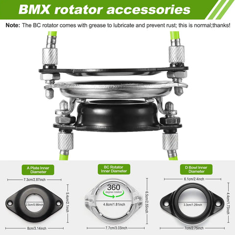 Durable BMX Gyro Brake Cable Set Front And Rear With Spinner Rotor, shown with internal details and measurements.