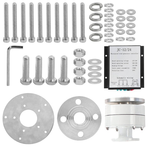 Beefy 1200W Vertical Axis Wind Turbine Kit With 12V Controller for Boats Terraces and Cabins, components and controller visible.