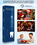 Rechargeable Tooth Polisher Kit With LED Light box next to people exchanging gifts in festive settings.
