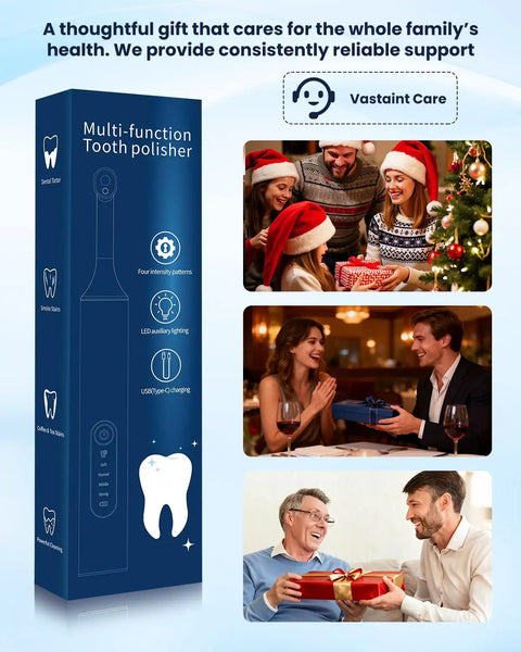 Rechargeable Tooth Polisher Kit With LED Light box next to people exchanging gifts in festive settings.