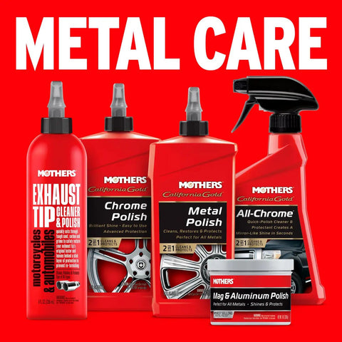 Mothers metal care products with Mag And Aluminum Metal Polish That Restores Dull Surfaces To A Showroom Shine Easy Buff Perfect For Aluminum Stainless Steel Brass Chrome And More 5 Oz Jar in foreground.