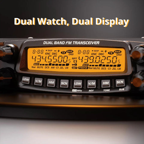Close-up of Dual Band Mobile Radio Transceiver With 50W High Power For UHF And VHF Amateur Ham Radio, dual display active