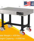 Shop Ready Heavy Duty Welding Fixture Table With Precision Laser Cut Grid Holes And Smooth Rolling Locking Casters For Zero Fuss Fabrication Rigs 48X30X36, 439 lbs, 4,000 lbs capacity.