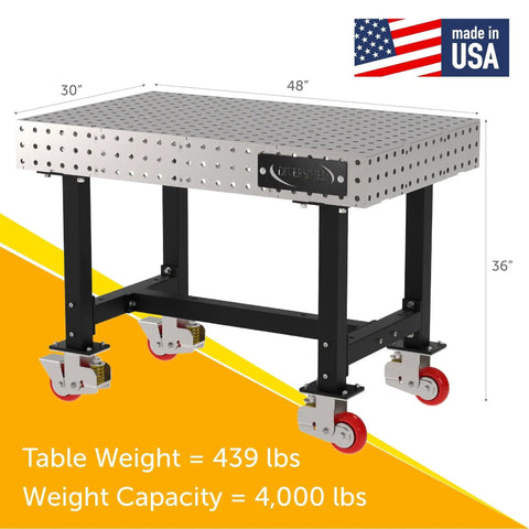 Shop Ready Heavy Duty Welding Fixture Table With Precision Laser Cut Grid Holes And Smooth Rolling Locking Casters For Zero Fuss Fabrication Rigs 48X30X36, 439 lbs, 4,000 lbs capacity.