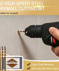 M2 high speed steel drywall cutting bit in use, drilling clean openings in drywall using the 25 Piece Drywall Cutting Bit Set With Spiral Flute Design For Clean Rotary Work Includes High Speed Steel Guide Point Routers Perfect For Gypsum Board And Outlet Boxes A Rock Solid Straight Shooter.