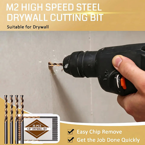 M2 high speed steel drywall cutting bit in use, drilling clean openings in drywall using the 25 Piece Drywall Cutting Bit Set With Spiral Flute Design For Clean Rotary Work Includes High Speed Steel Guide Point Routers Perfect For Gypsum Board And Outlet Boxes A Rock Solid Straight Shooter.