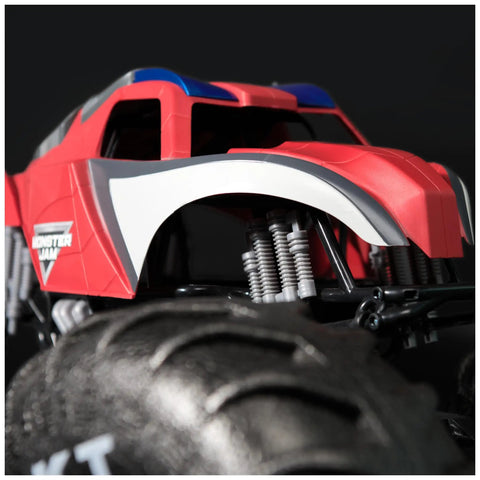 Close-up of Spider Man RC Monster Truck Mega Size Over Two Feet Long One Six Scale All Terrain Off Road Toy with foam treads.
