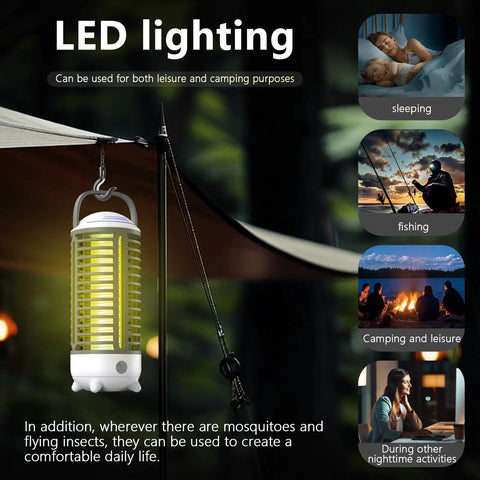 Rechargeable 4200V Bug Zapper With USB Power, LED Light, Indoor Outdoor Use, IP66 Waterproof hanging on a pole for camping