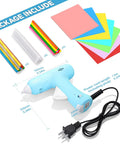 Fast Heating Mini Hot Glue Gun Kit With Anti Scald Nozzle, Compact Melt Gun, blue with glue sticks, power cord, and colorful papers