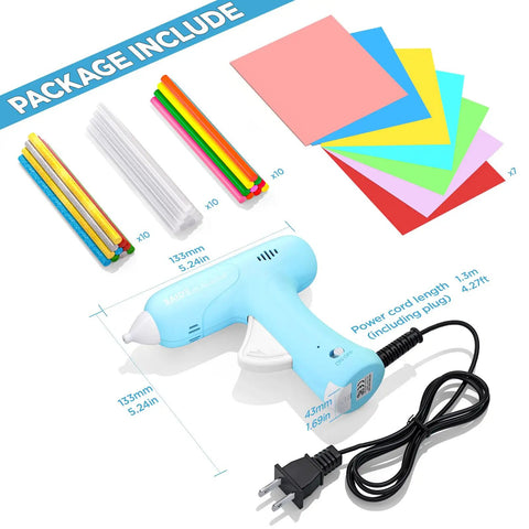 Fast Heating Mini Hot Glue Gun Kit With Anti Scald Nozzle, Compact Melt Gun, blue with glue sticks, power cord, and colorful papers