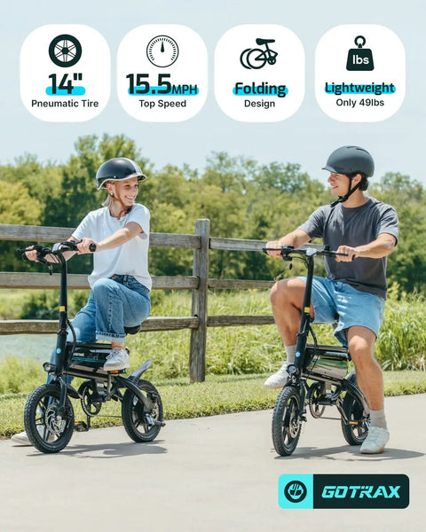 Two people riding Nano 14-Inch Folding Electric Bike With 350W Motor 15.5 Mph Top Speed 25 Mile Pedal Assist Range Lightweight