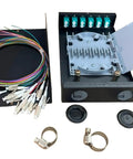 Plug And Play Om3 Multimode Fiber Wall Mount Enclosure Featuring Six Duplex LC UPC Ports And Twelve Drop Dead Easy Pigtails with components.