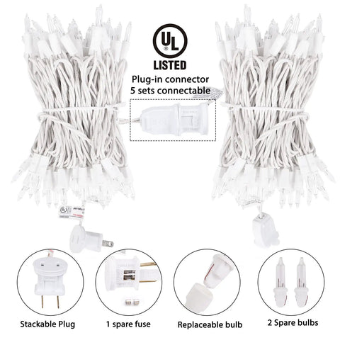 Warm White 50 Count Mini Christmas Lights On White Wire For Indoor Outdoor Decor 10ft bundle with plug and spare parts