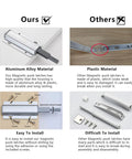 Premium Push To Open Magnetic Latch comparison image showing aluminum alloy vs plastic materials and installation ease.