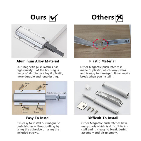 Premium Push To Open Magnetic Latch comparison image showing aluminum alloy vs plastic materials and installation ease.