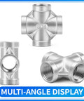Multi-angle display of 304 Stainless Steel Four Way Cross Pipe Fitting With Three Eighths Inch NPT Female Threads High Flow Connector