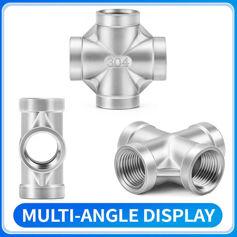 Multi-angle display of 304 Stainless Steel Four Way Cross Pipe Fitting With Three Eighths Inch NPT Female Threads High Flow Connector