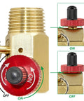 Air Tank Replacement Manifold For Portable Air Compressor, Brass Body With Aluminum Knob and Valve Showing On Off Positions