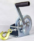 Heavy Duty Electric Hoist Hand Crank Winch Crane 3000 LB Capacity Wire Rope Lifter with gold hook close-up side view.