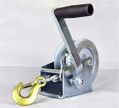 Heavy Duty Electric Hoist Hand Crank Winch Crane 3000 LB Capacity Wire Rope Lifter with gold hook close-up side view.