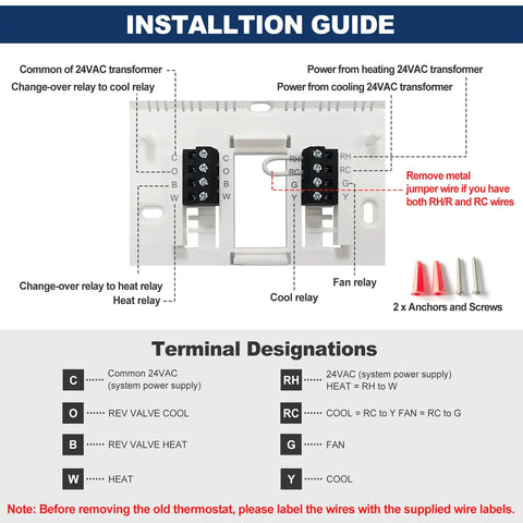 Installation guide for 2 Pack No Frills Non Programmable Digital Thermostats For Home Use, wiring and terminal details shown.